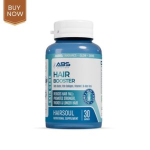 Hair Booster tablets in a stylish bottle, featuring key ingredients for enhanced hair growth and strength.
