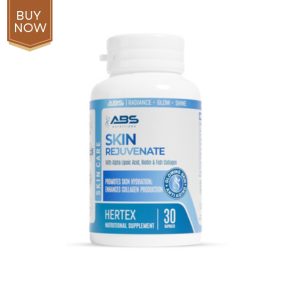 Skin Rejuvenate tablets in a stylish bottle, highlighting key ingredients for skin health.