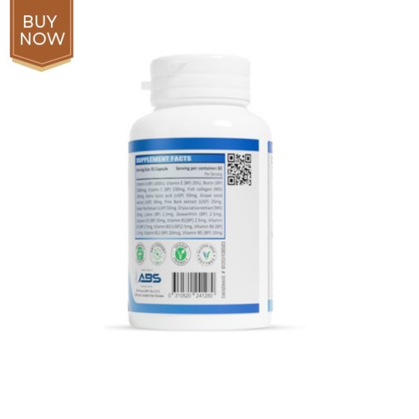 Skin Rejuvenate tablets in a stylish bottle, highlighting key ingredients for skin health.