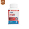Image of a bottle of blood builder supplement with fresh fruits and leafy greens.
