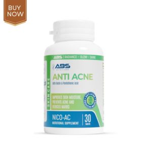 Anti Acne Tablets - a bottle with a blue label containing dietary supplements for clearer skin.